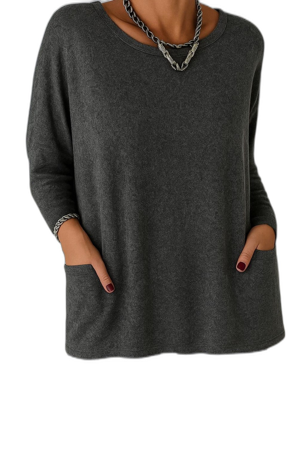 Effortless Black Tunic for Women with Crew Neck Long Sleeve Flowing Oversized Pockets Casual Style
