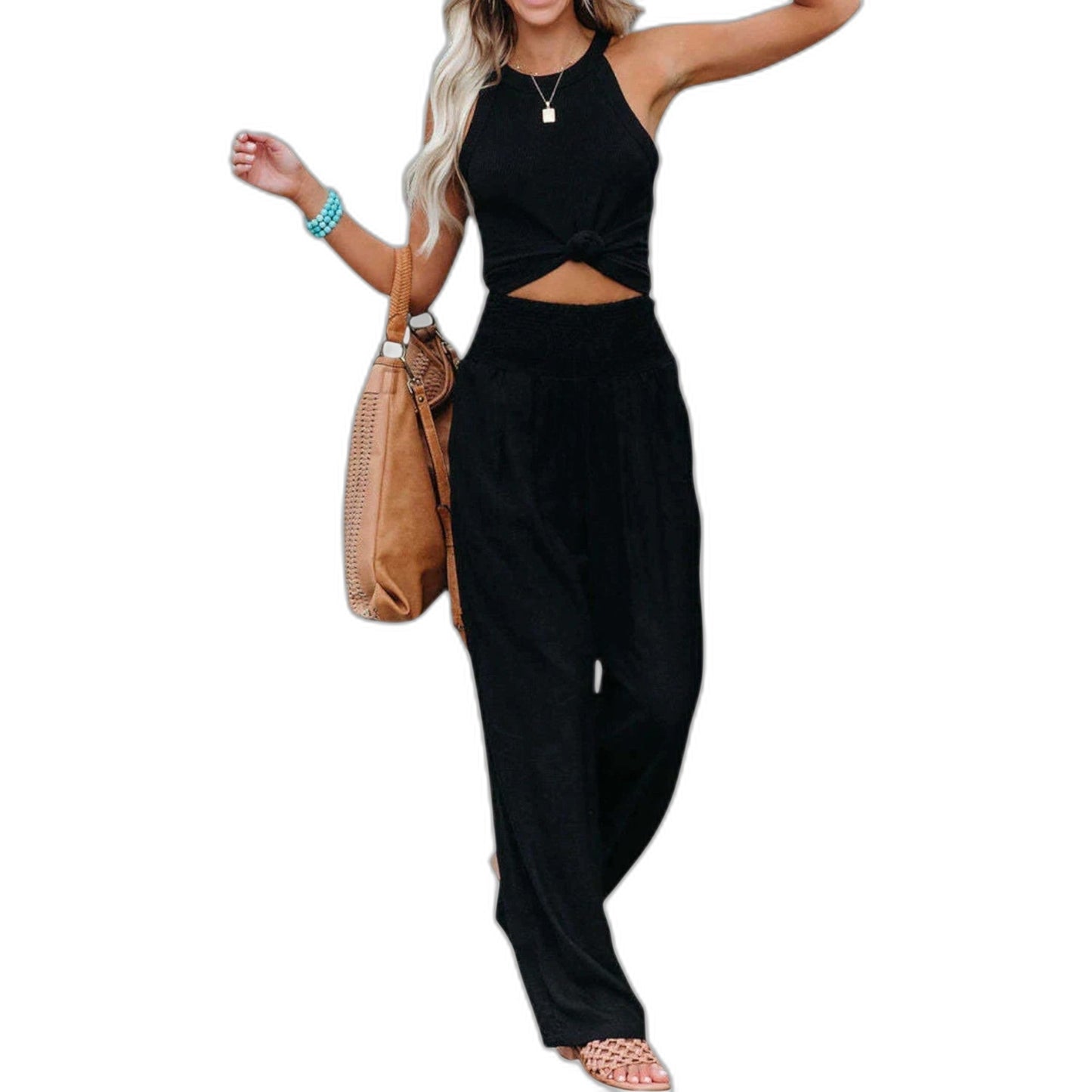 Effortless Black Two Piece Set for Women with Cutout Wide Leg Casual Style