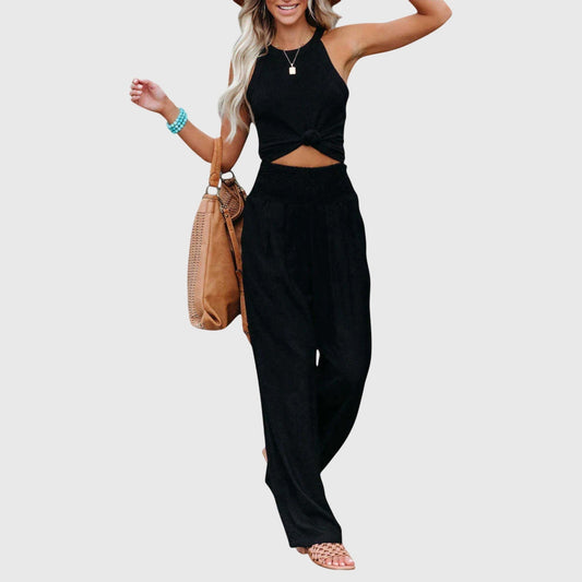Effortless Black Two Piece Set for Women with Cutout Wide Leg Casual Style
