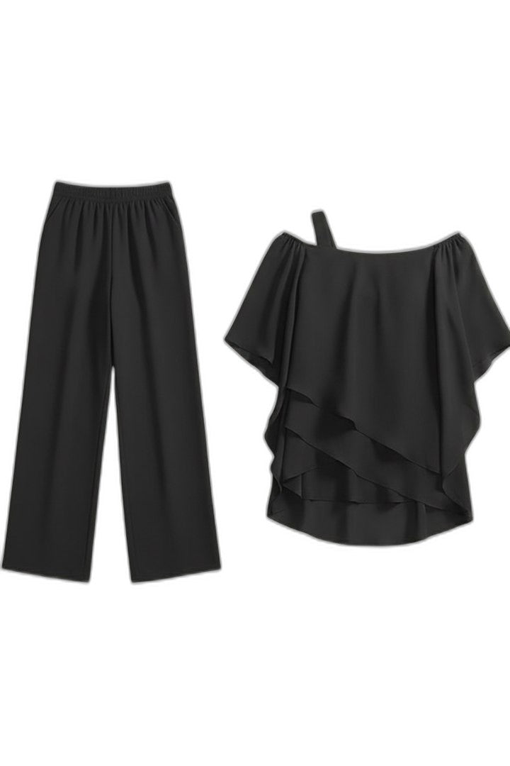 Effortless Black Two Piece Set for Women with Ruffle Wide Leg Flowing Casual Style
