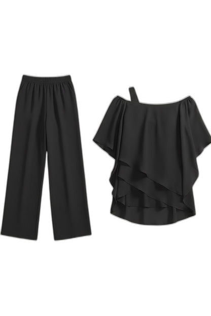 Effortless Black Two Piece Set for Women with Ruffle Wide Leg Flowing Casual Style