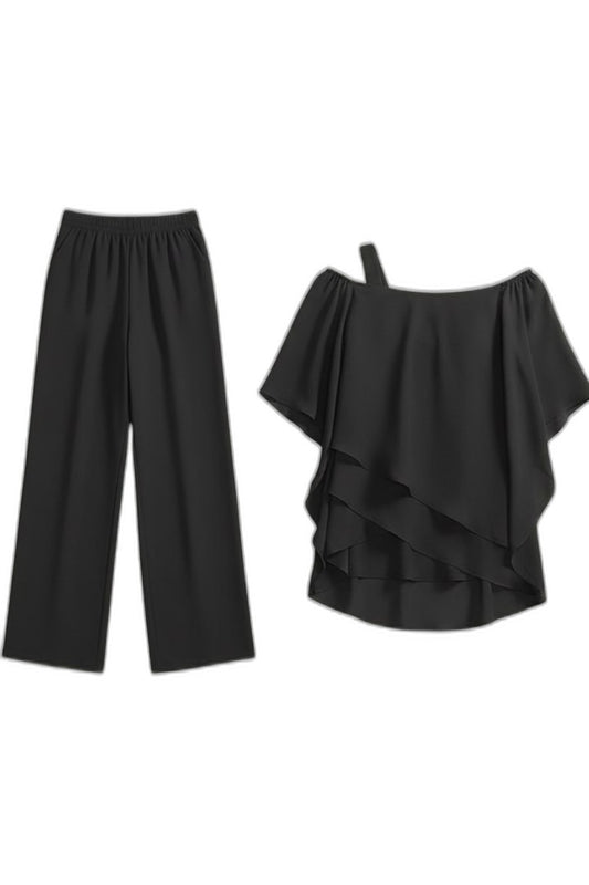 Effortless Black Two Piece Set for Women with Ruffle Wide Leg Flowing Casual Style