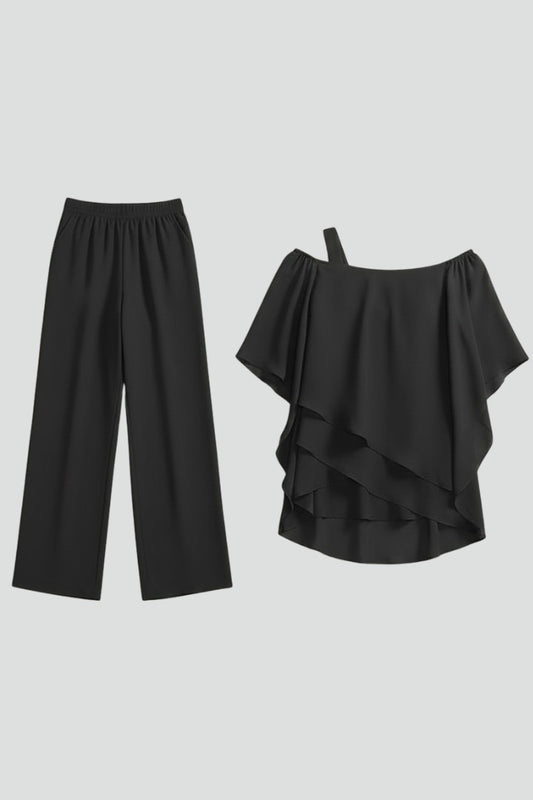 Effortless Black Two Piece Set for Women with Ruffle Wide Leg Flowing Casual Style