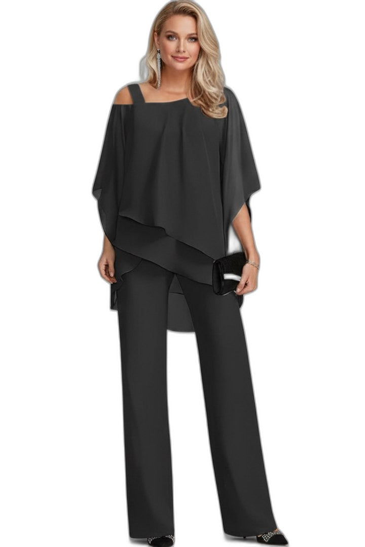 Effortless Black Two Piece Set for Women with Ruffle Wide Leg Flowing Casual Style
