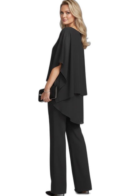 Effortless Black Two Piece Set for Women with Ruffle Wide Leg Flowing Casual Style