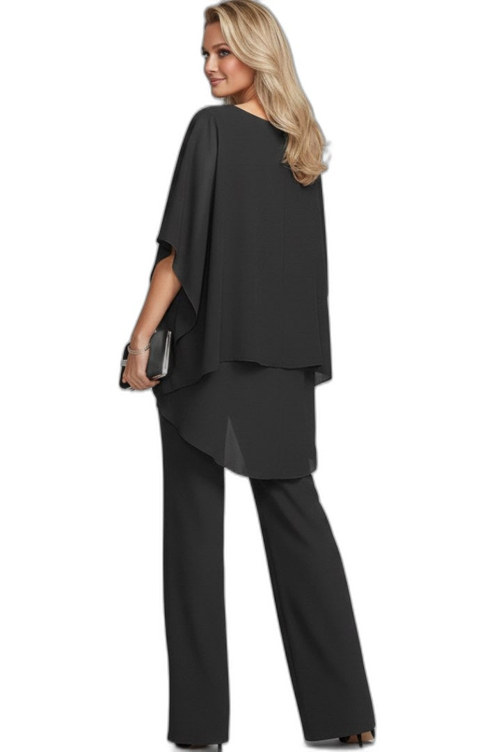 Effortless Black Two Piece Set for Women with Ruffle Wide Leg Flowing Casual Style