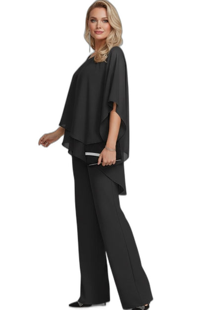 Effortless Black Two Piece Set for Women with Ruffle Wide Leg Flowing Casual Style