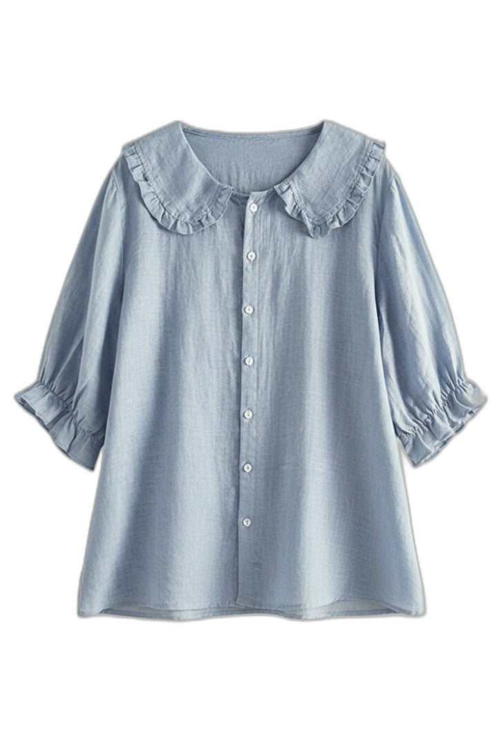 Effortless Blue Blouse for Women with Collared Short Sleeve Ruffle Button Front Casual Style