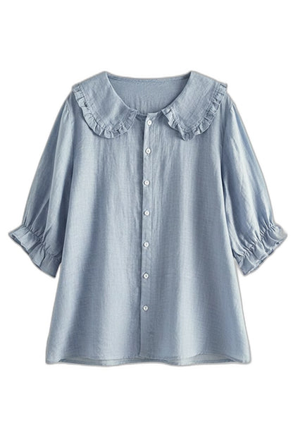 Effortless Blue Blouse for Women with Collared Short Sleeve Ruffle Button Front Casual Style