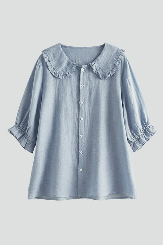 Effortless Blue Blouse for Women with Collared Short Sleeve Ruffle Button Front Casual Style