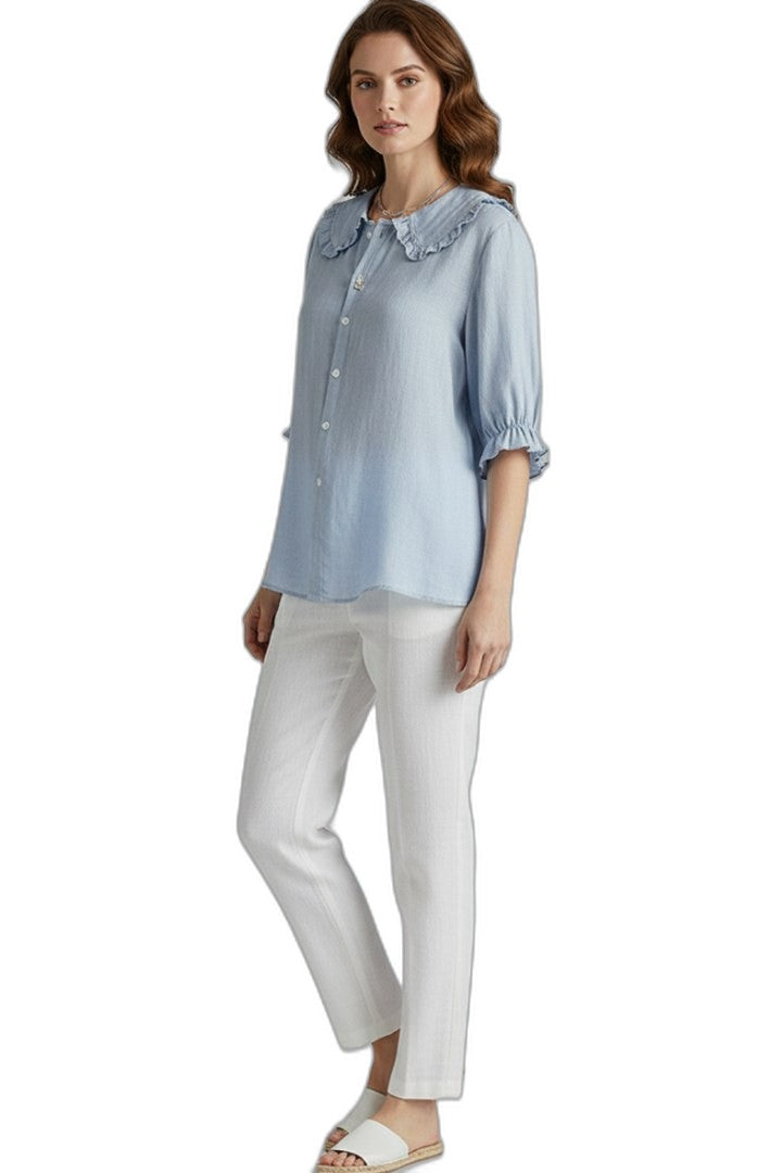 Effortless Blue Blouse for Women with Collared Short Sleeve Ruffle Button Front Casual Style