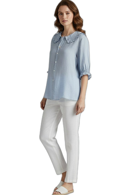 Effortless Blue Blouse for Women with Collared Short Sleeve Ruffle Button Front Casual Style