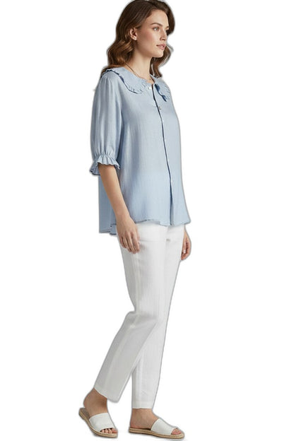 Effortless Blue Blouse for Women with Collared Short Sleeve Ruffle Button Front Casual Style