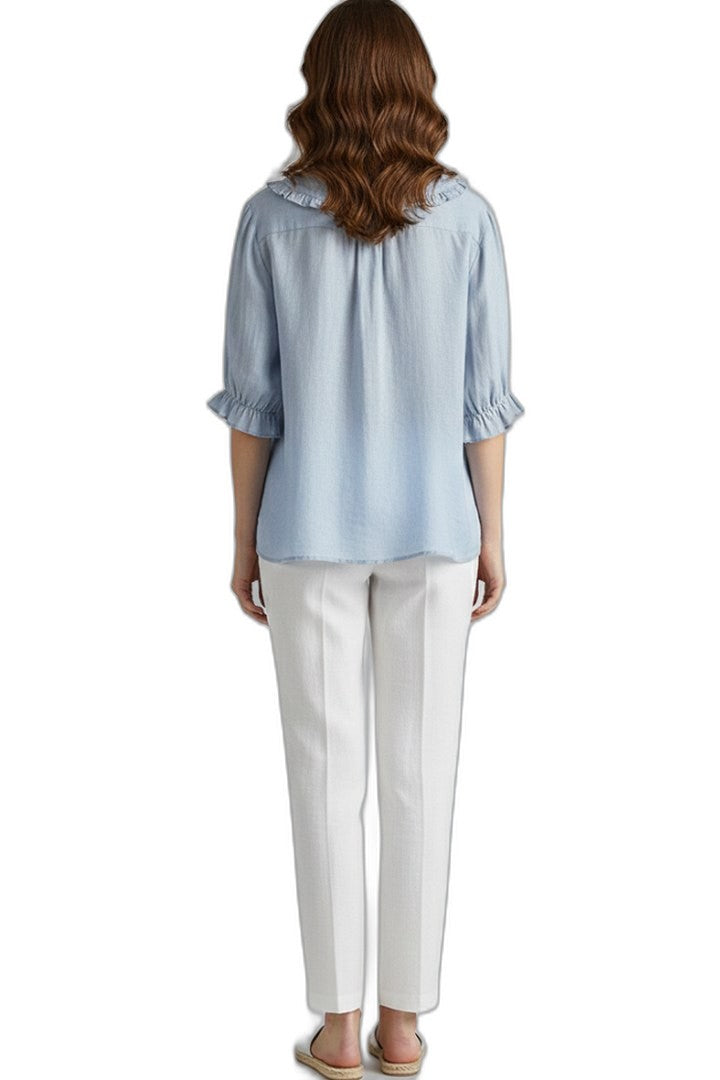 Effortless Blue Blouse for Women with Collared Short Sleeve Ruffle Button Front Casual Style