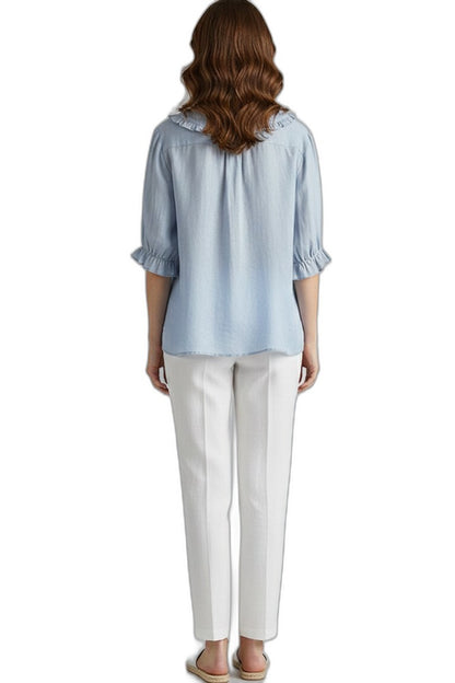 Effortless Blue Blouse for Women with Collared Short Sleeve Ruffle Button Front Casual Style