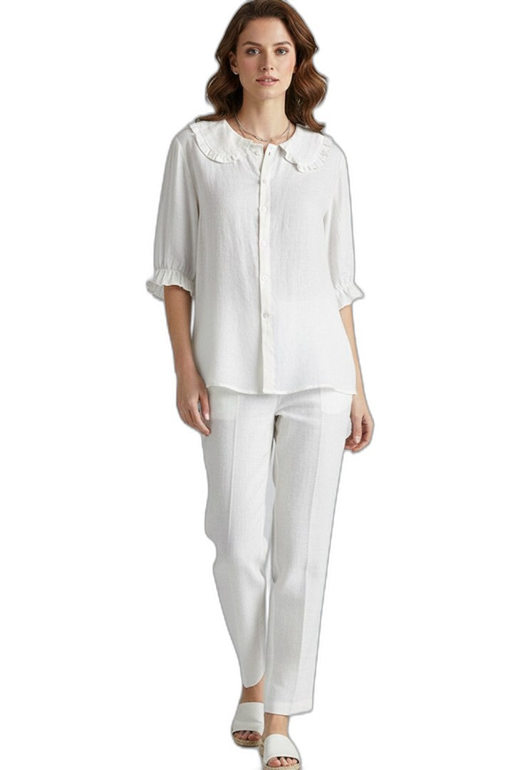Effortless Blue Blouse for Women with Collared Short Sleeve Ruffle Button Front Casual Style