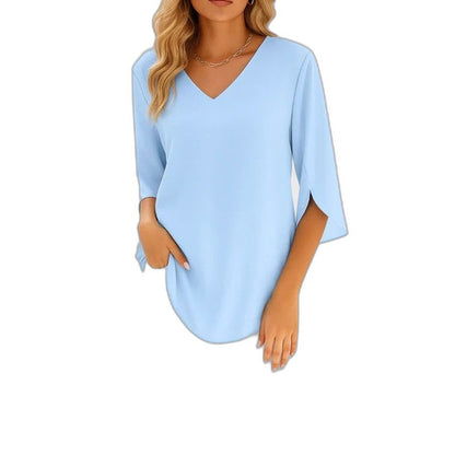 Effortless Blue Blouse for Women with V Neck Elbow Sleeve Casual Style