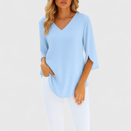 Effortless Blue Blouse for Women with V Neck Elbow Sleeve Casual Style