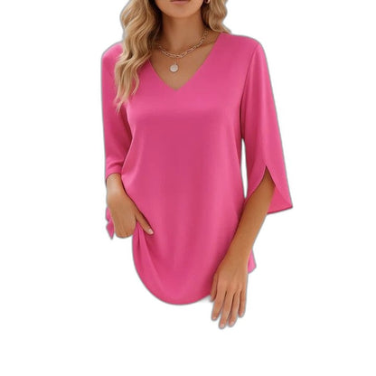 Effortless Blue Blouse for Women with V Neck Elbow Sleeve Casual Style