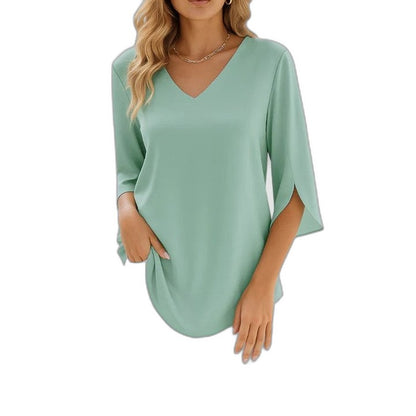 Effortless Blue Blouse for Women with V Neck Elbow Sleeve Casual Style