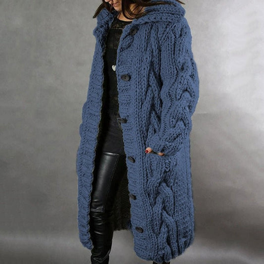 Effortless Blue Cable Knit Cardigan for Women with Long Sleeve Oversized Casual Style