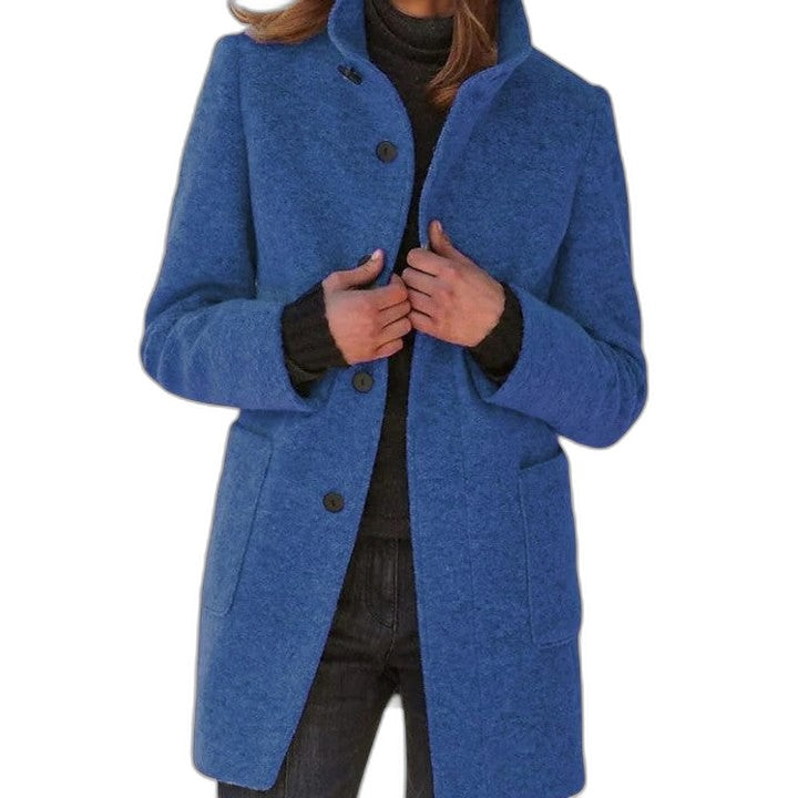 Effortless Blue Coat for Women with Collared Long Sleeve Button Front Pockets Casual Style