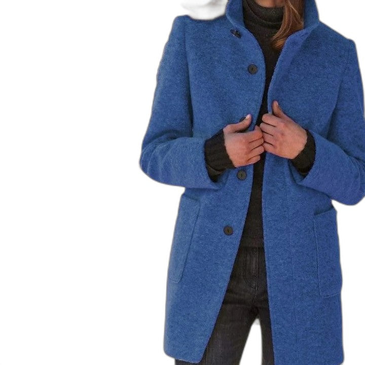 Effortless Blue Coat for Women with Collared Long Sleeve Button Front Pockets Casual Style
