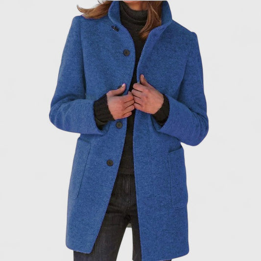 Effortless Blue Coat for Women with Collared Long Sleeve Button Front Pockets Casual Style