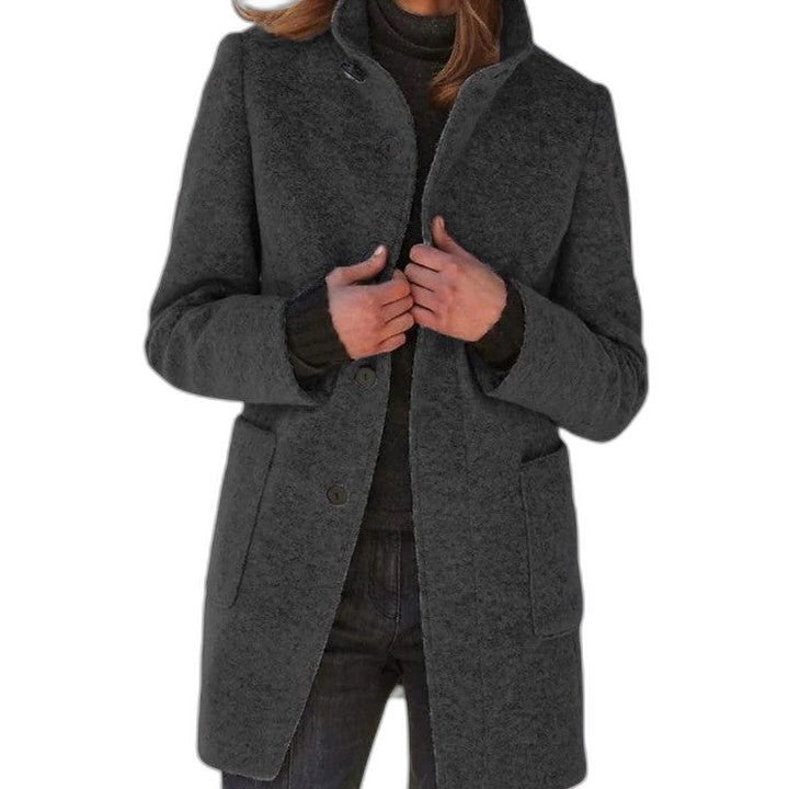 Effortless Blue Coat for Women with Collared Long Sleeve Button Front Pockets Casual Style