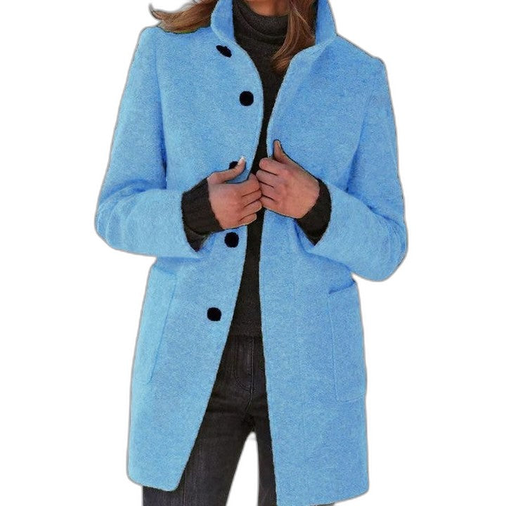 Effortless Blue Coat for Women with Collared Long Sleeve Button Front Pockets Casual Style