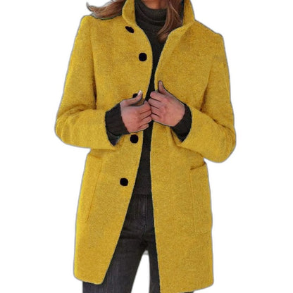 Effortless Blue Coat for Women with Collared Long Sleeve Button Front Pockets Casual Style