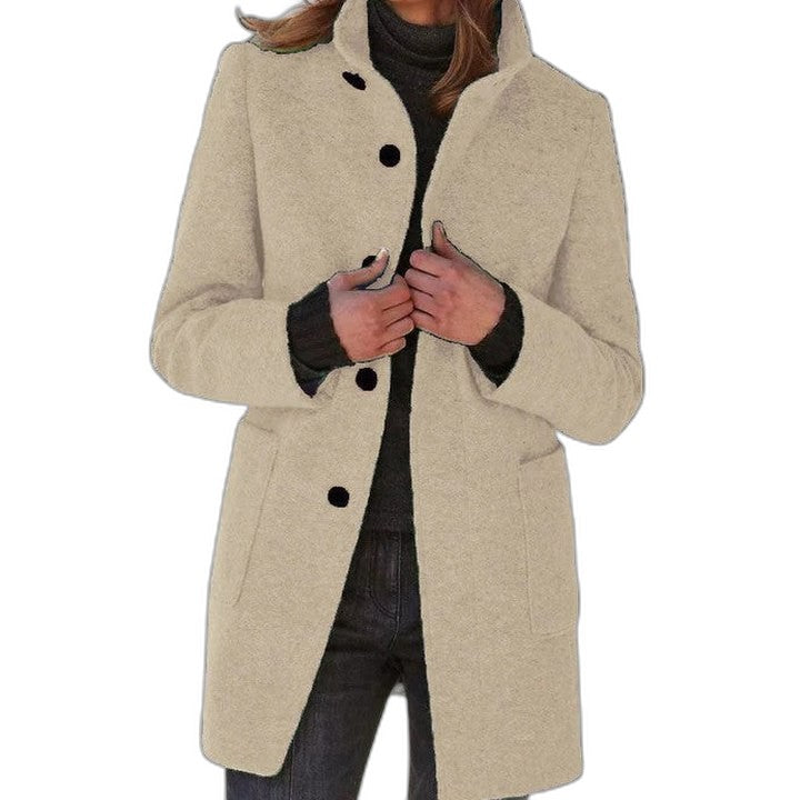 Effortless Blue Coat for Women with Collared Long Sleeve Button Front Pockets Casual Style