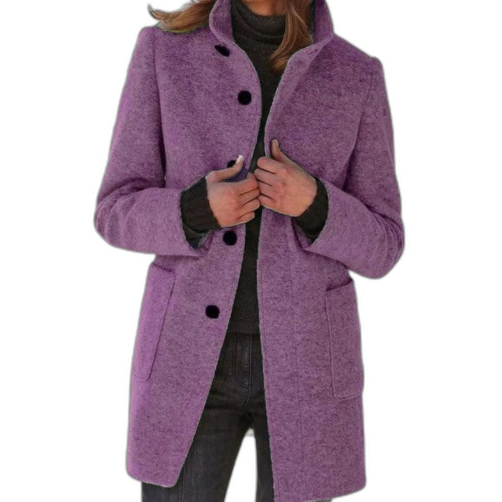 Effortless Blue Coat for Women with Collared Long Sleeve Button Front Pockets Casual Style