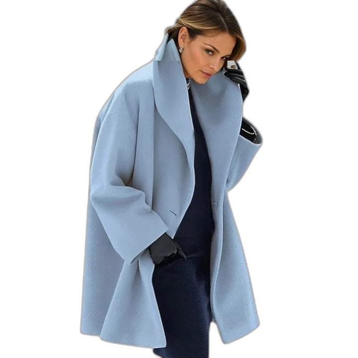 Effortless Blue Coat for Women with Collared Long Sleeve Flowing Casual Style