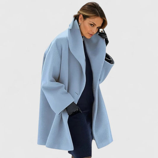 Effortless Blue Coat for Women with Collared Long Sleeve Flowing Casual Style