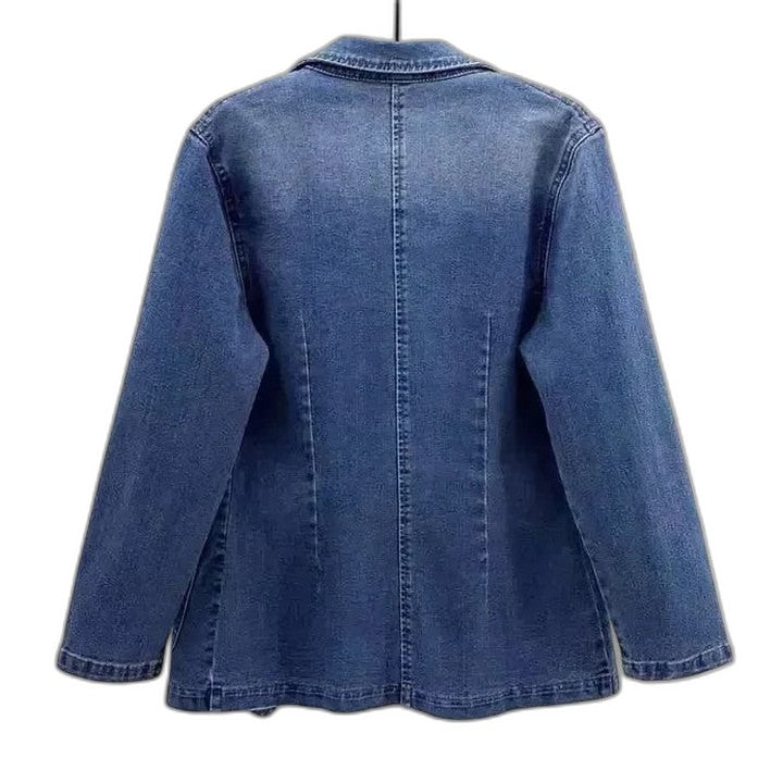 Effortless Blue Denim Jacket for Women with Collared Long Sleeve Button Front Cropped Pockets Casual Style