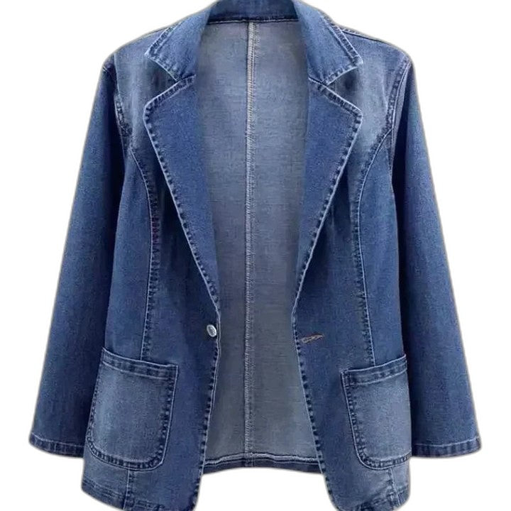 Effortless Blue Denim Jacket for Women with Collared Long Sleeve Button Front Cropped Pockets Casual Style