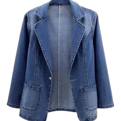 Effortless Blue Denim Jacket for Women with Collared Long Sleeve Button Front Cropped Pockets Casual Style