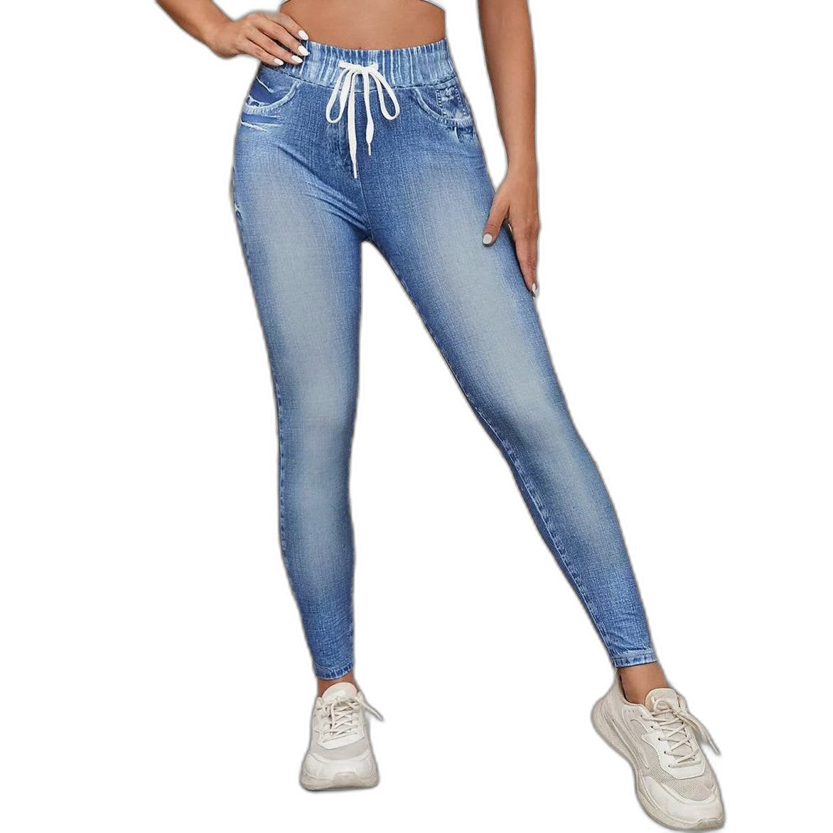 Effortless Blue Denim Jeans for Women with Bodycon High Waisted Drawstring Casual Style