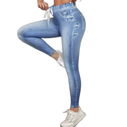 Effortless Blue Denim Jeans for Women with Bodycon High Waisted Drawstring Casual Style