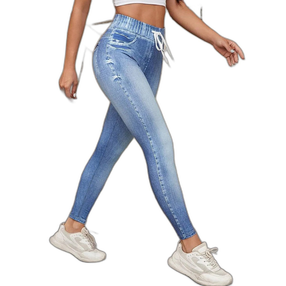 Effortless Blue Denim Jeans for Women with Bodycon High Waisted Drawstring Casual Style