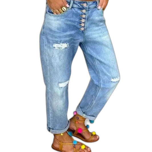 Effortless Blue Denim Jeans for Women with Button Front Cropped Straight Leg Casual Style