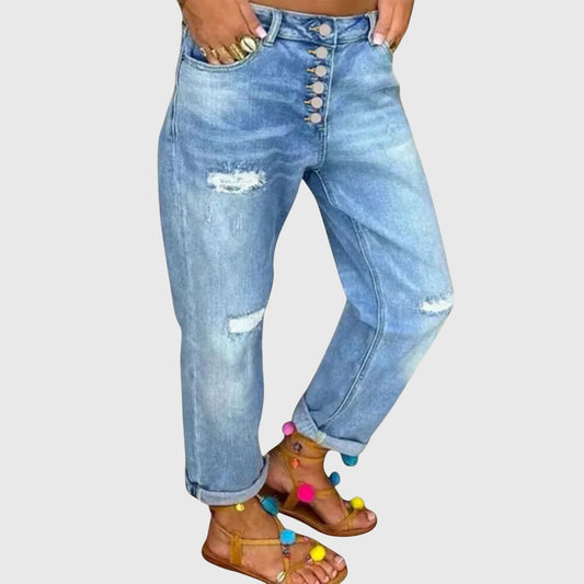 Effortless Blue Denim Jeans for Women with Button Front Cropped Straight Leg Casual Style