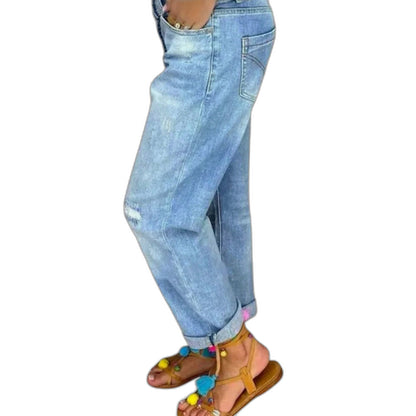 Effortless Blue Denim Jeans for Women with Button Front Cropped Straight Leg Casual Style