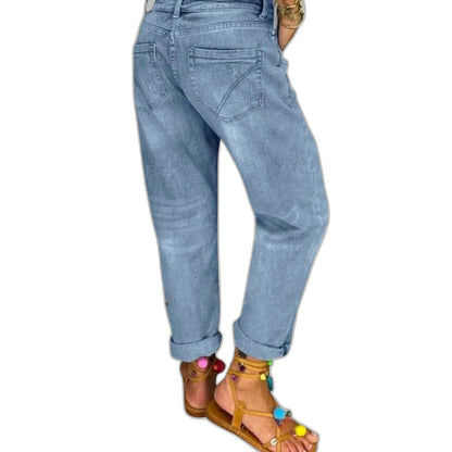 Effortless Blue Denim Jeans for Women with Button Front Cropped Straight Leg Casual Style