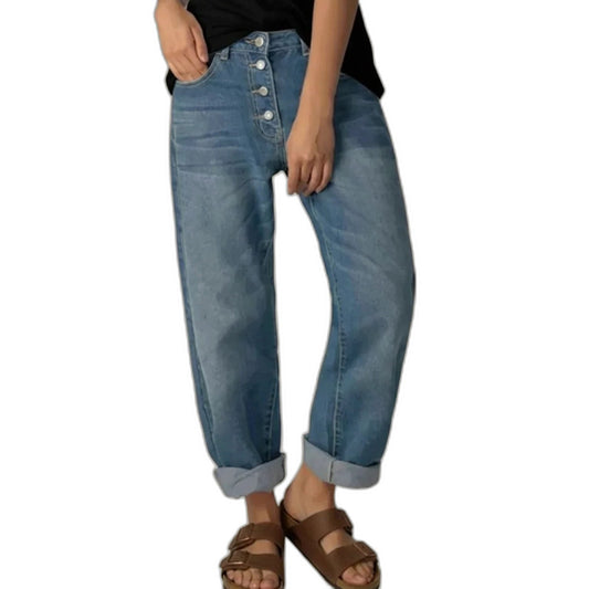 Effortless Blue Denim Jeans for Women with Button Front High Waisted Straight Leg Casual Style