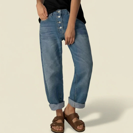Effortless Blue Denim Jeans for Women with Button Front High Waisted Straight Leg Casual Style