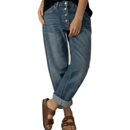 Effortless Blue Denim Jeans for Women with Button Front High Waisted Straight Leg Casual Style