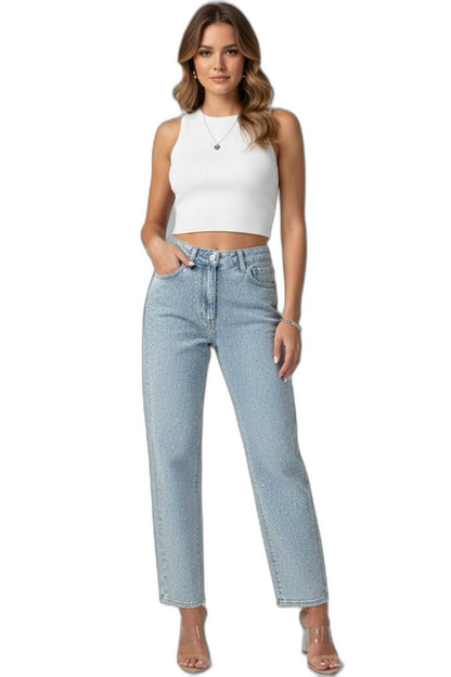 Effortless Blue Denim Jeans for Women with High Waisted Straight Leg Pockets Casual Style