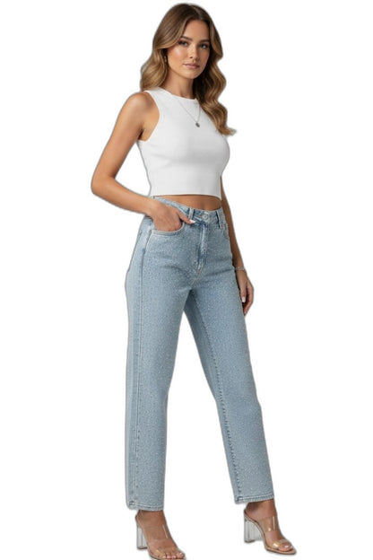 Effortless Blue Denim Jeans for Women with High Waisted Straight Leg Pockets Casual Style